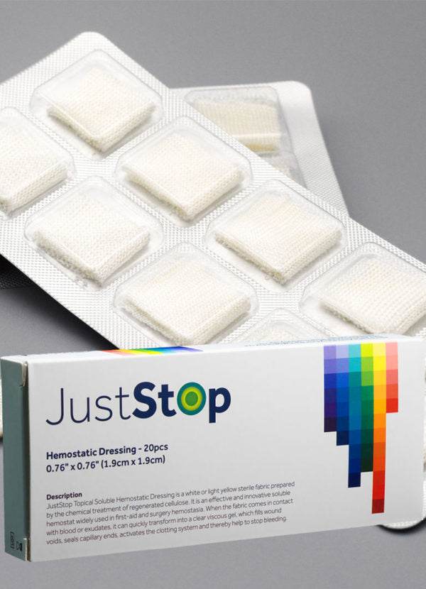JustStop® Hemostatic Gauze - Oxidised Regenerated Cellulose - 1.9 cm x 1.9 cm - Pack/20