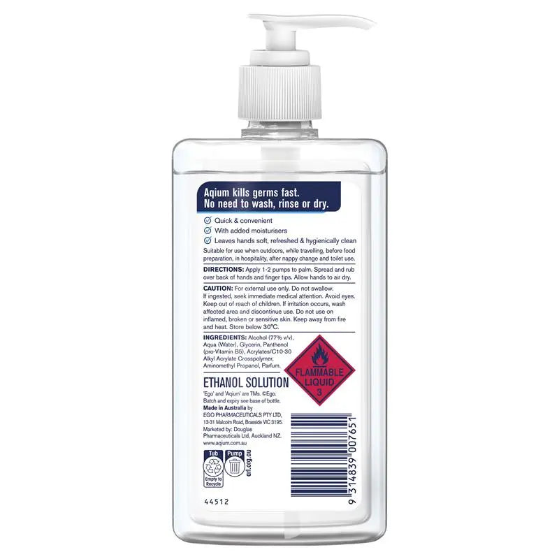 Aqium Antibacterial Hand Sanitiser, Bottle with Pump 375mL